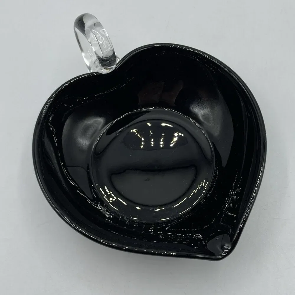 Vtg Black Glass Heart Candy Trinket Nappy Dish Applied Clear Loop Handle 6.25”